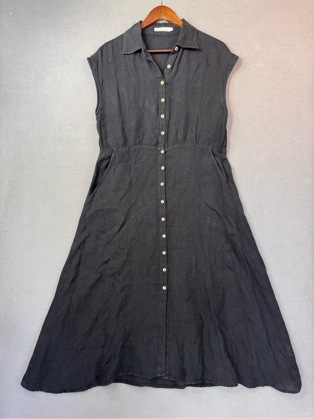 Brave + True Musings Dress, 100% Linen Black Button Front Midi Dress, Size S / M